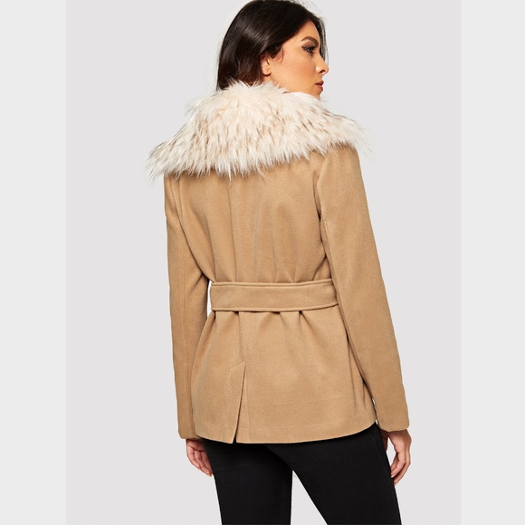 Faux Fur Belted Double Breasted Jacket In Camel - Picture 4 of 9